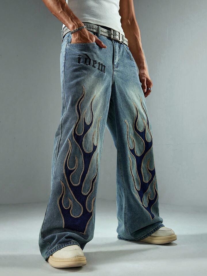 Men's Casual Washed Flame Embroidery Wide Leg Jeans
