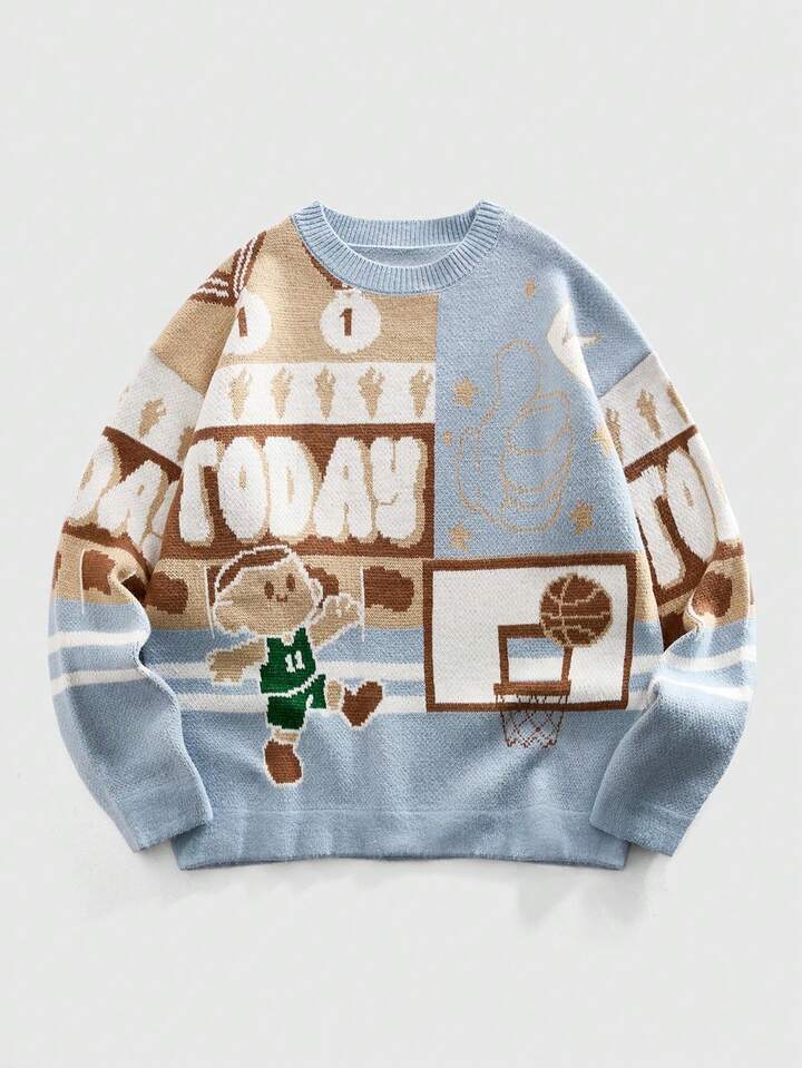 Men's Crew Neck Multi-Color Jacquard Knit Sweater