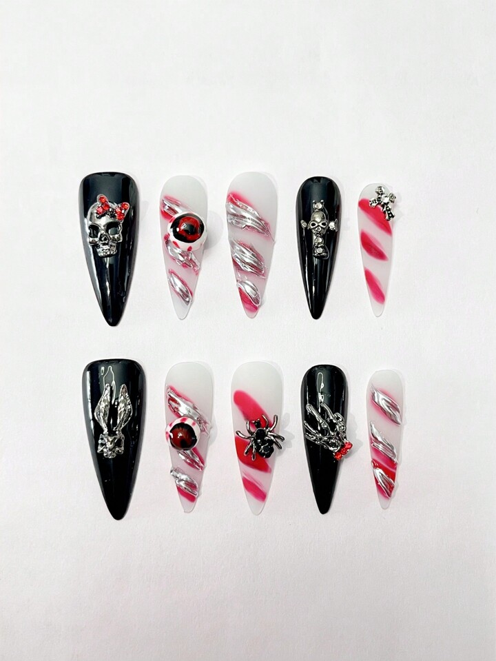 10pcs Halloween Gothic Skull Style False Nails, High Quality Handmade Artificial Nails Y2K Punk Style Detachable Nail Stickers, Suitable For Holiday Party, Dance And Daily Wear