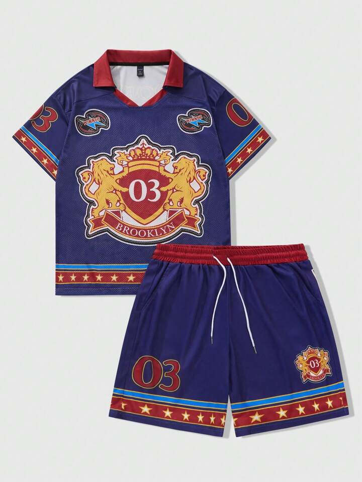 Men's Jersey Casual Badge & Letter Print Short Sleeve T-Shirt And Shorts Set