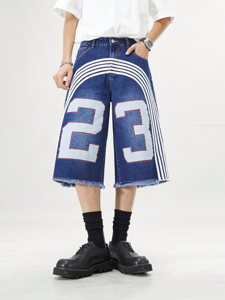 Grunge Punk Men's Front Button Pocket Digital Print Casual Denim Shorts, Football Style
