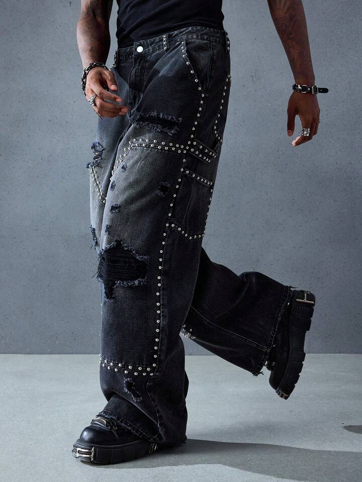 Grunge Punk Men's Heavy Punk Studded Distressed Denim Jeans