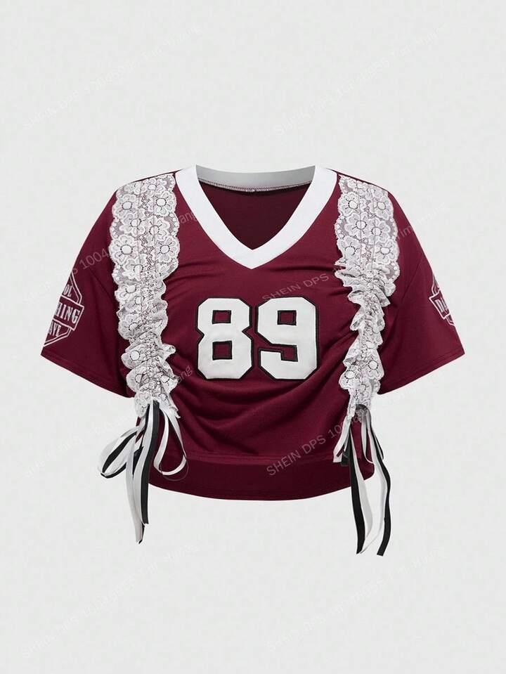 ROMWE Avant Women's Retro Sports Style Lace Trim Drawstring Numeric Embroidered V-Neck Cropped T-Shirt