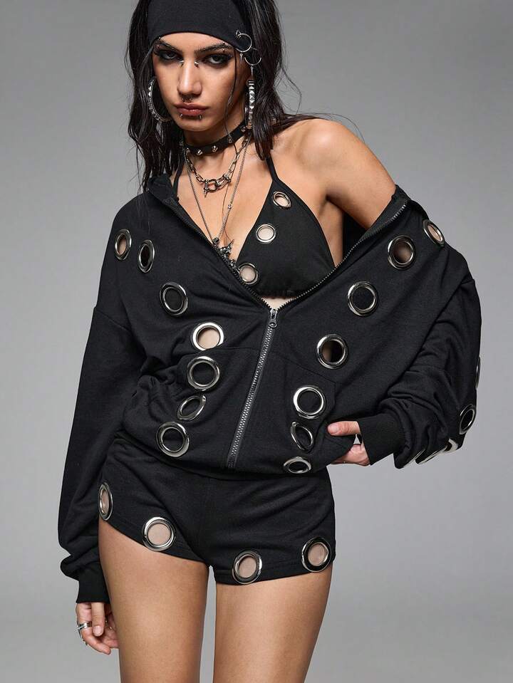 Grunge Punk Heavy Metal Punk Style Grommet Hooded Sweatshirt Set For Women