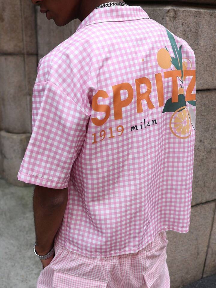 Men's Casual Fashion Letter Printed Short Sleeve Plaid Shirt
