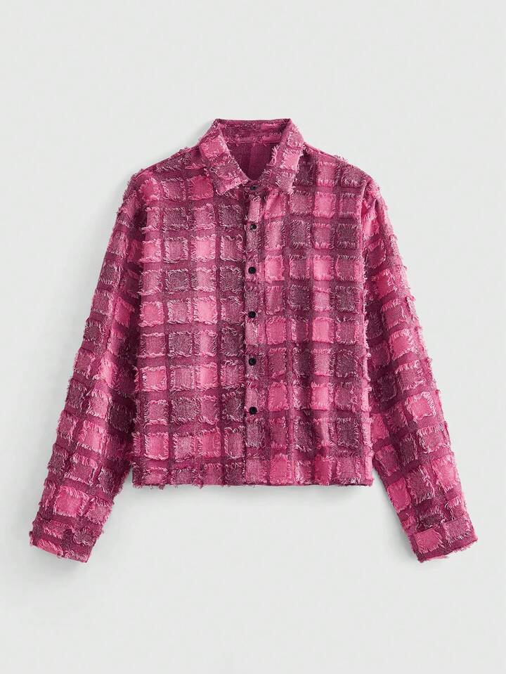 Casual Men's Long Sleeve Plaid Cut-Out Short Boxy Shirt