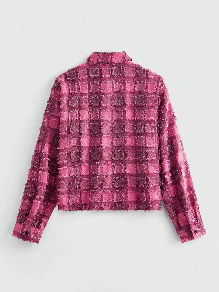 Casual Men's Long Sleeve Plaid Cut-Out Short Boxy Shirt