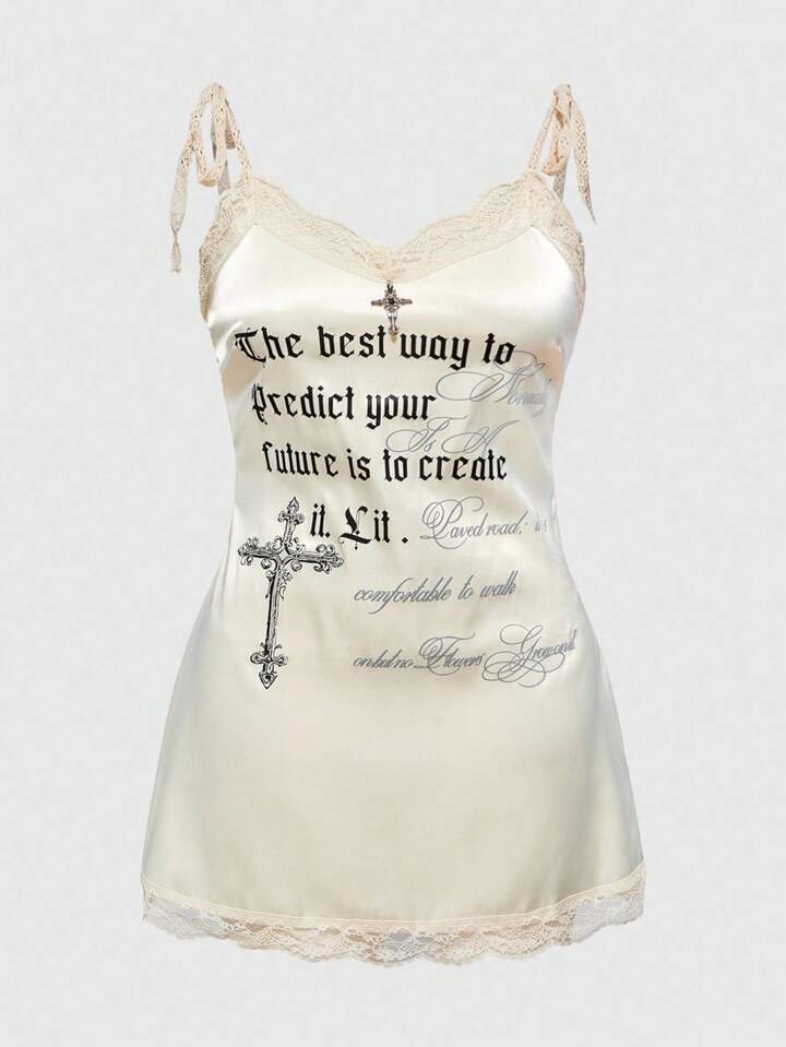 ROMWE Avant Plus Size Summer Fashion Slogan Print Lace Trim Camisole Dress,Back To School