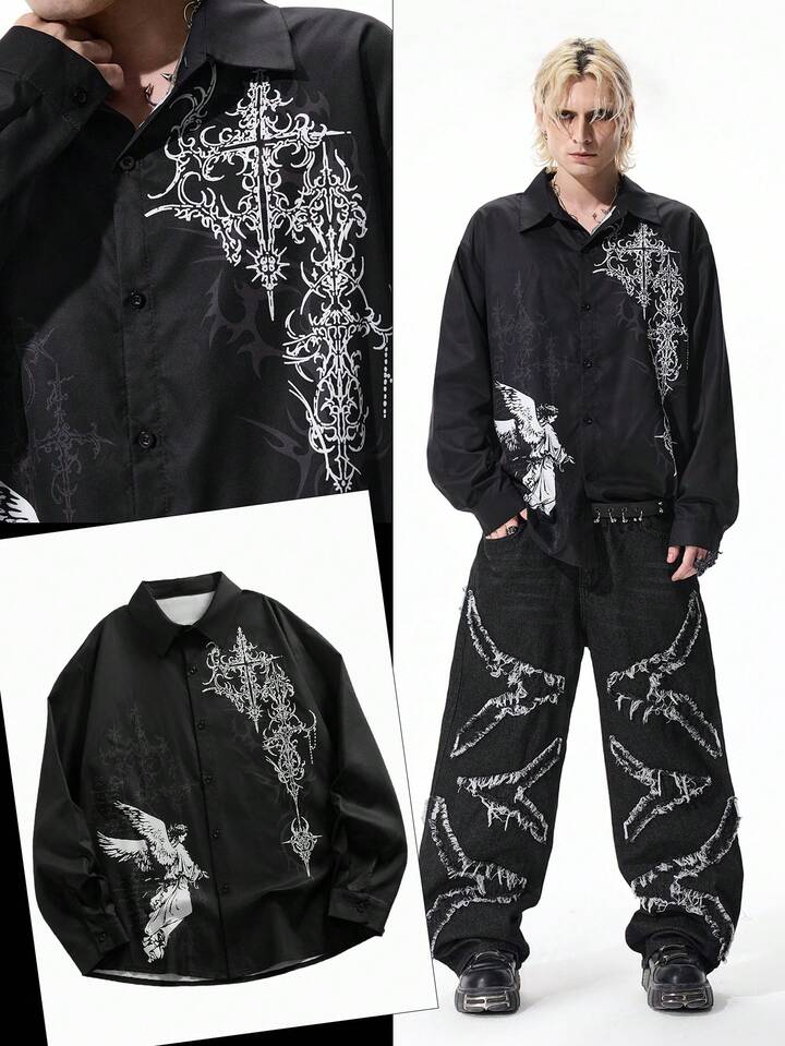 Men's Dark Angel Print Single-Breasted Casual Street Fashion Shirt