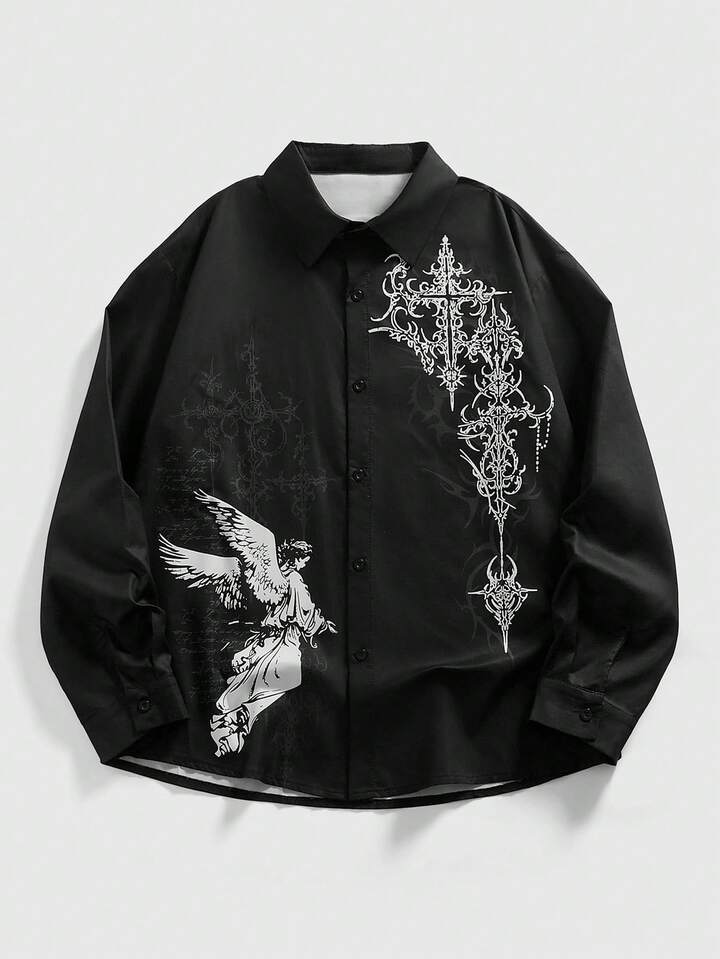 Men's Dark Angel Print Single-Breasted Casual Street Fashion Shirt