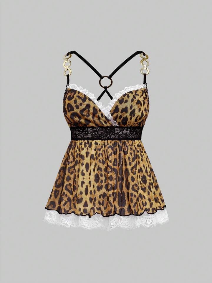Y2K Style Sexy Vintage Leopard Print Lace Cross Decor Women Camisole Top