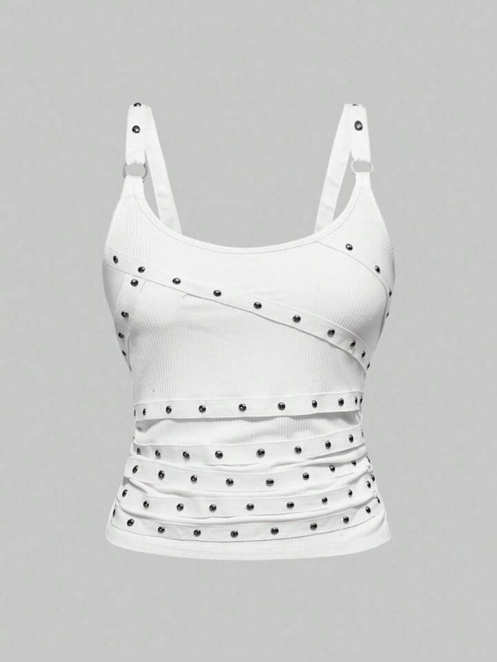 Grunge Punk Women's Plus Size Spaghetti Strap Sleeveless Round Neck Backless Rhinestone Studded Sexy Black Concert Festival Beach Vacation Camisole