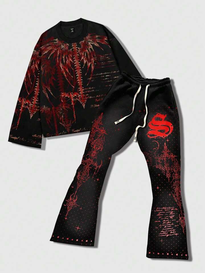 2pcs Men's Gothic All-Over Print Crew Neck Long Sleeve Top And Flared Leg Sweatpants Set, Autumn/Winter