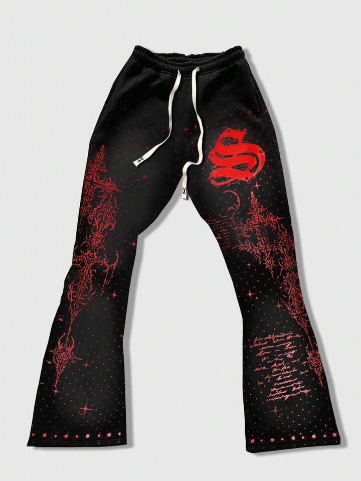 2pcs Men's Gothic All-Over Print Crew Neck Long Sleeve Top And Flared Leg Sweatpants Set, Autumn/Winter 3 2pcs Men's Gothic All-Over Print Crew Neck Long Sleeve Top And Flared Leg Sweatpants Set, Autumn/Winter