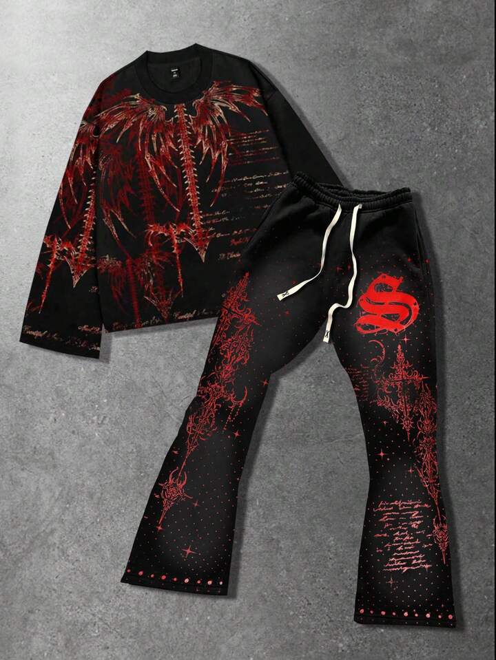 2pcs Men's Gothic All-Over Print Crew Neck Long Sleeve Top And Flared Leg Sweatpants Set, Autumn/Winter 5 2pcs Men's Gothic All-Over Print Crew Neck Long Sleeve Top And Flared Leg Sweatpants Set, Autumn/Winter