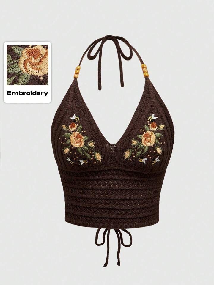 Hippie Nature Cute Pure Vacation Rose Plant Bee Embroidered Halter Neck Knit Top For Women