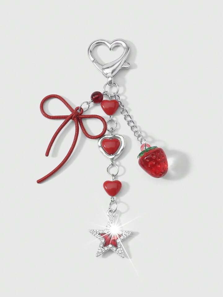 Kawaii 1 Spring New Y2k Sweet, Sweet, Cool, Warm And Unique, Fashionable Red Resin Love, Strawberry Hollow Bow, Rhinestone, Diamond-Encrusted Star Pendant, Keychain Accessories, Bag Pendant, Pendant, Suitable For Daily Wear By Girls And Ladies, Holiday Gifts