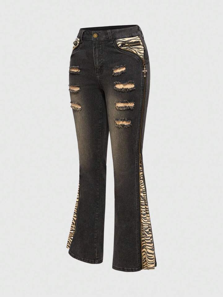 Grunge Punk Y2K Baddie Patchwork Zebra Print Cross Vintage Low Waist Skinny Women Jeans