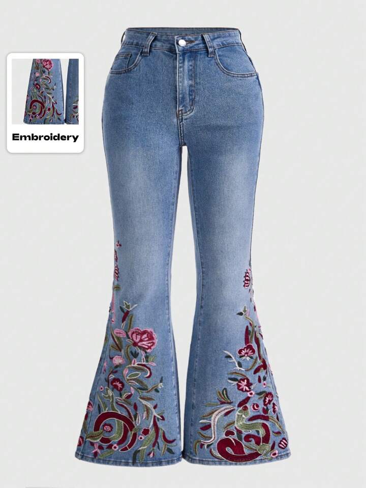 Hippie Plus Size Flower Embroidery Flared Jeans, School