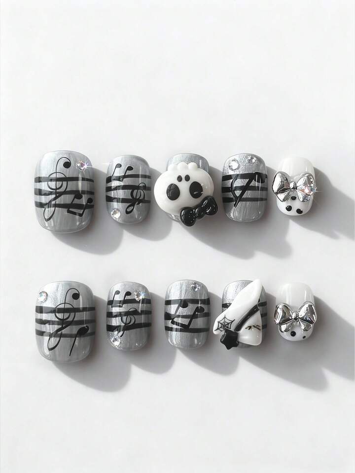 Anime 10pcs Cute Bowknot Music Note Star Element High Quality Handmade False Nails + 3pcs Double-Sided Adhesive, Y2K French Style Rhinestone Chain Polka Dot Removable Nail Art Stickers, Suitable For Holidays, Parties, Dancing And Daily Wear