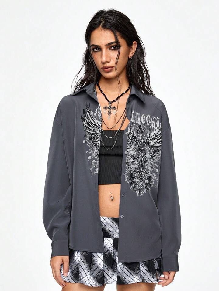 Grunge Punk Vintage Punk Style Women Loose Wing Rhinestone Embellished Blouse