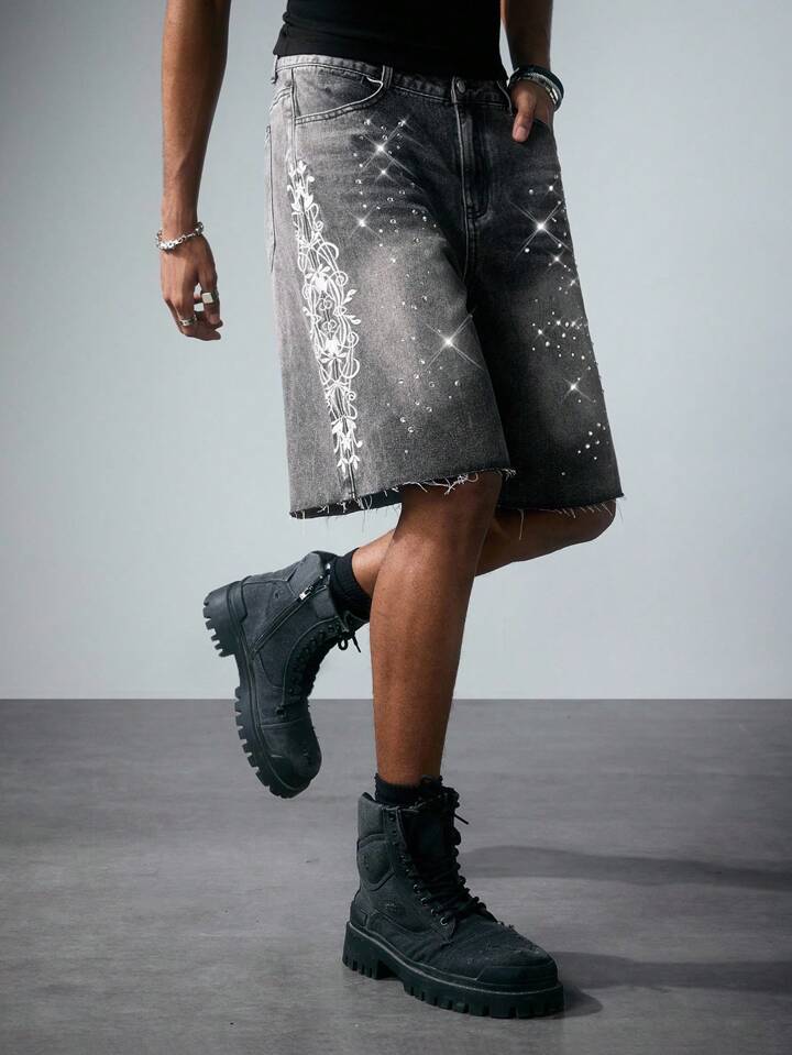 Men's Street Life Rhinestone Embroidery Pattern Denim Shorts
