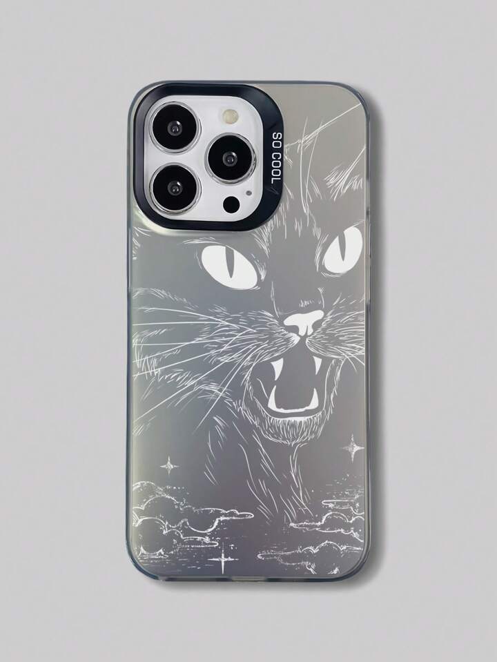 Goth 1pc Black Cat Print IMD Silver & Black Laser Phone Case