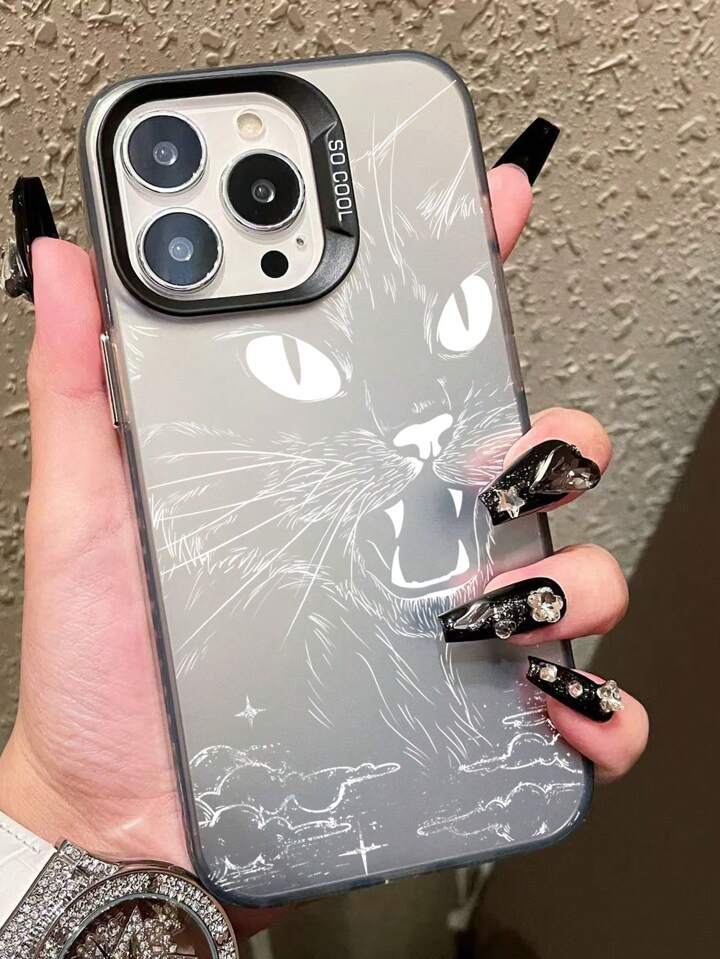 Goth 1pc Black Cat Print IMD Silver & Black Laser Phone Case