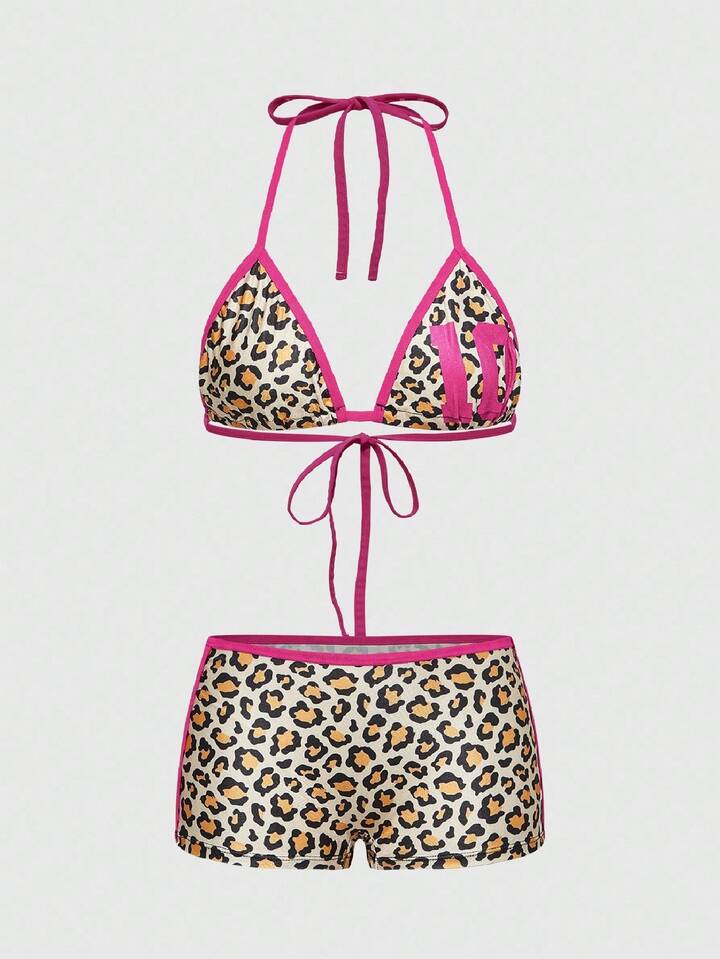 J-Fashion Y2K Leopard Print, Numeric Pattern Wireless Lace-Up Women's Lingerie Set