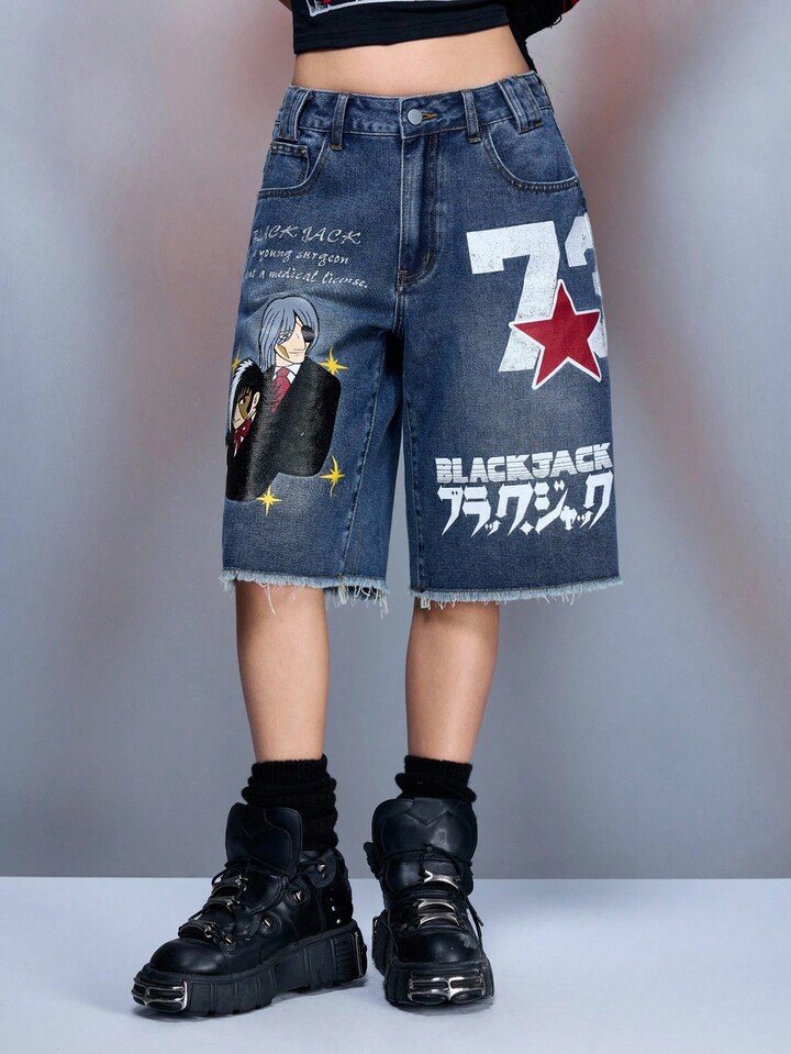 Black Jack X ROMWE Women's Casual Fashion Street Chic Cartoon Character & Pentagram Letter Print Raw Hem Loose Wide Leg Denim Capri Jeans