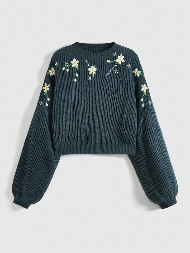 Fairycore Plus Size Cottagecore Floral Embroidered Pullover Sweater, For Winter