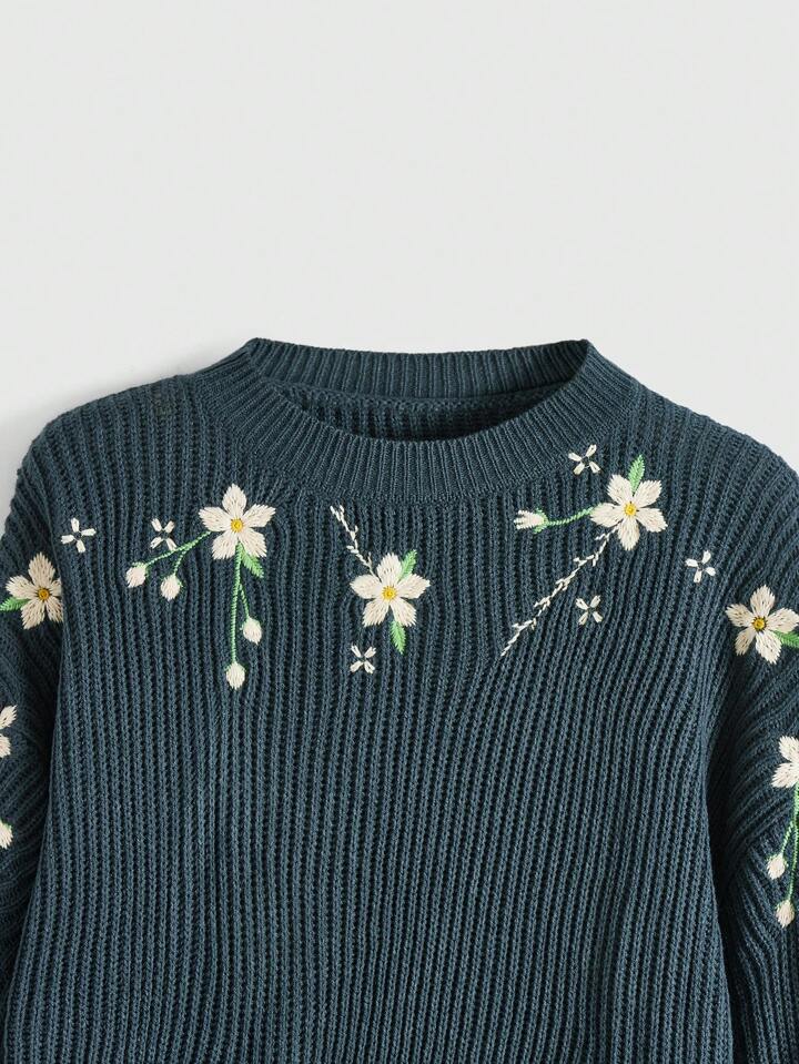 Fairycore Plus Size Cottagecore Floral Embroidered Pullover Sweater, For Winter