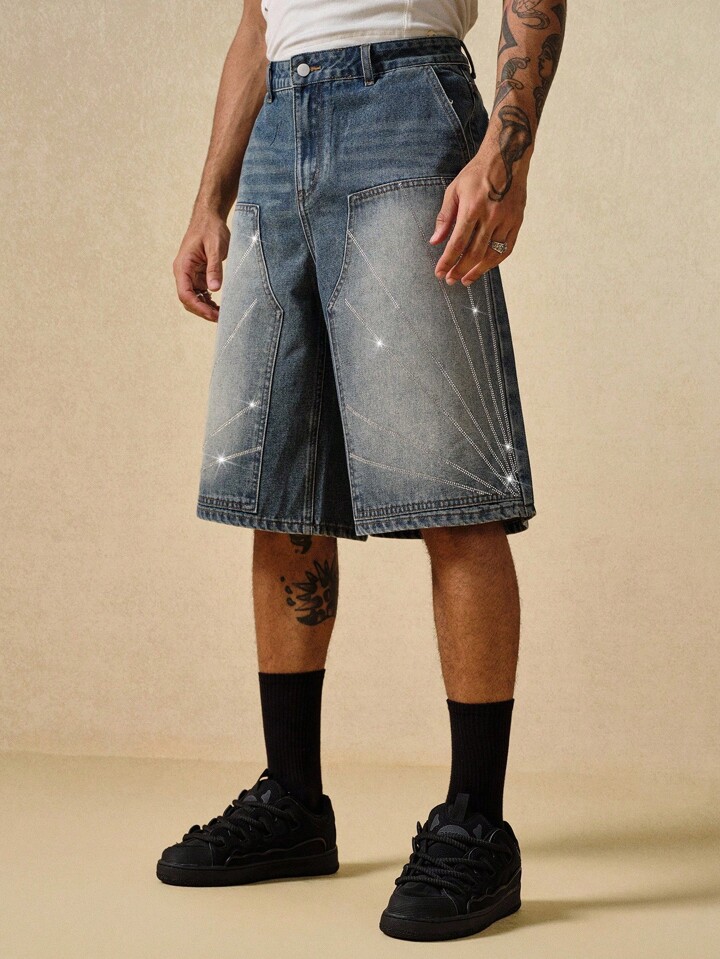 Street Life Men's Loose Fit Rhinestone Embellished Pocket Wide Leg Casual Denim Shorts