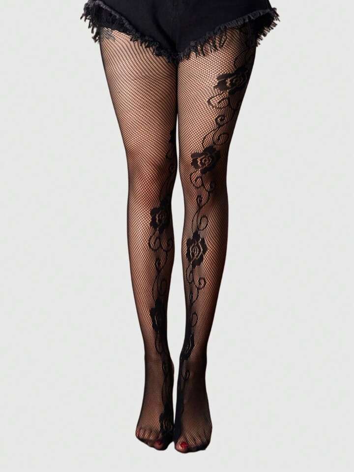 1pair Gothic Rose Lace Jacquard Hollow Out Fishnet Socks, For Women, All Season, Halloween 4 1pair Gothic Rose Lace Jacquard Hollow Out Fishnet Socks, For Women, All Season, Halloween