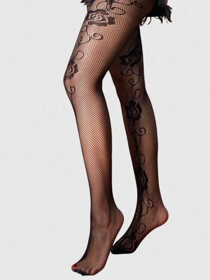 1pair Gothic Rose Lace Jacquard Hollow Out Fishnet Socks, For Women, All Season, Halloween 5 1pair Gothic Rose Lace Jacquard Hollow Out Fishnet Socks, For Women, All Season, Halloween