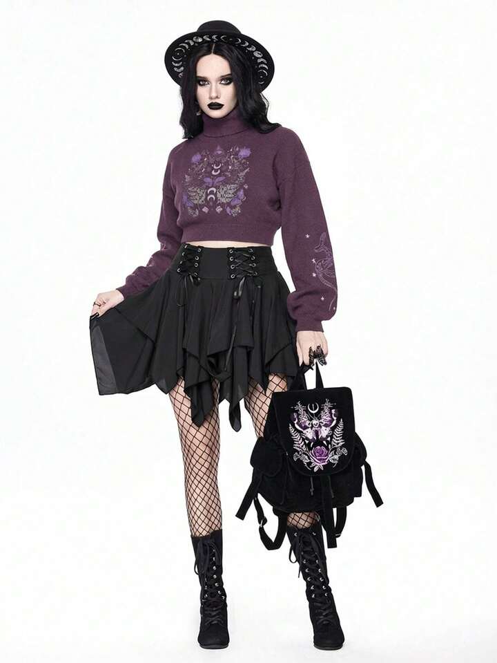 Goth Dark High Neck Cropped Sweater For Women, Vintage Mysterious Snake Skin & Butterfly Jacquard Puff Sleeve Knit Top, Autumn/Winter