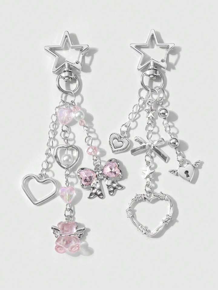 Kawaii 2pcs Y2K Chic & Stylish Silver Star Chain Hollow Thorn Heart Crystal Bow Butterfly Wings Teddy Bear Lock Key Chain Bag Charm Combo Set, Suitable For Sisters, Girlfriends, Couples, Friends Daily Wear, Festive Gift