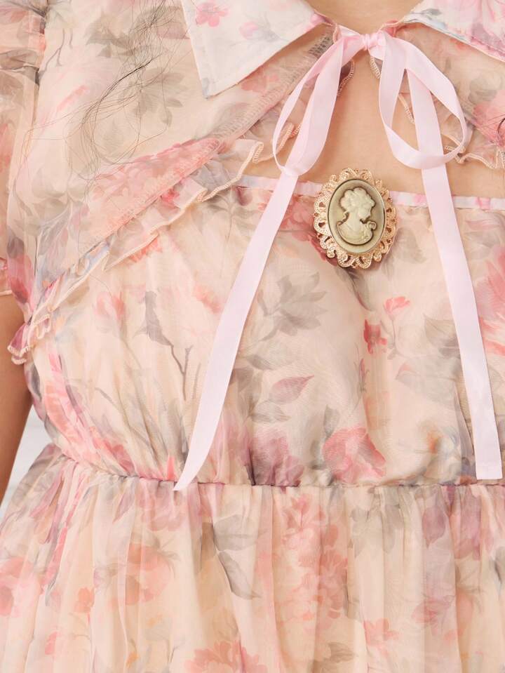 EDITION Plus Size Retro Palace Romantic Doll Dress With Puff Sleeves, Satin Ribbon & Bow Decor 2 Pieces Set