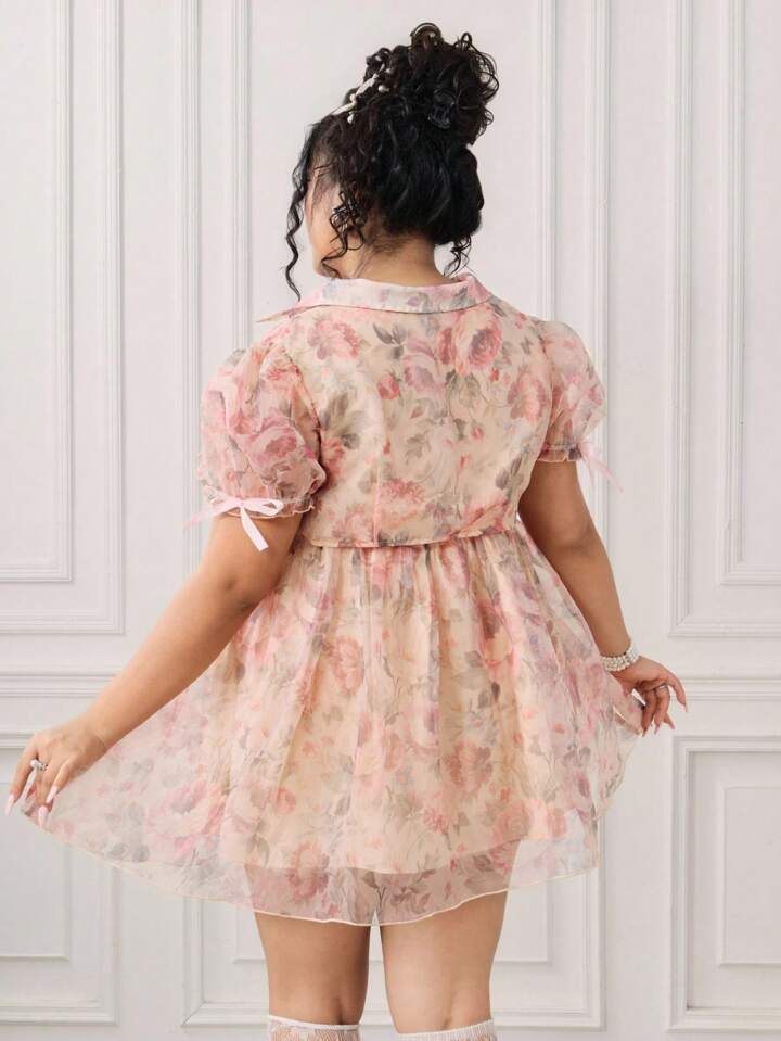 EDITION Plus Size Retro Palace Romantic Doll Dress With Puff Sleeves, Satin Ribbon & Bow Decor 2 Pieces Set