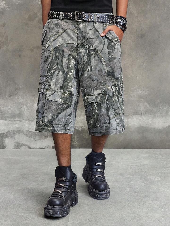 Street Life Men's Grunge Branch Pattern Cargo Pocket Casual Denim Shorts