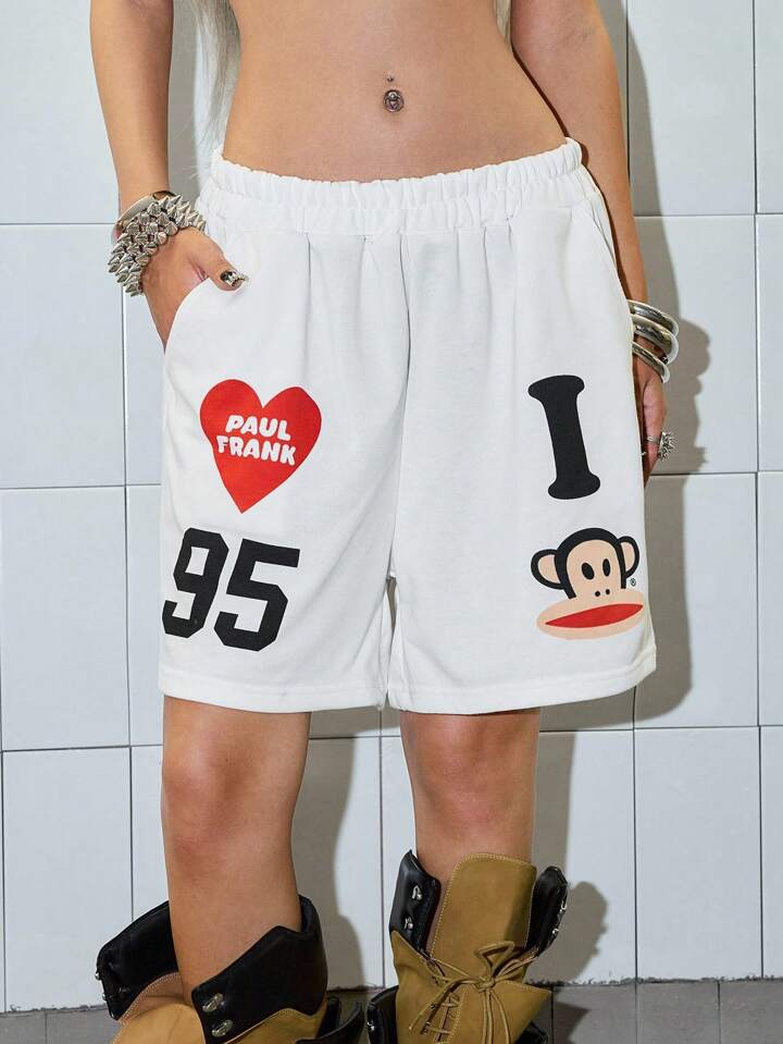 Paul Frank X ROMWE Women's Casual Letter & Monkey Print Elastic Waist Shorts, Summer