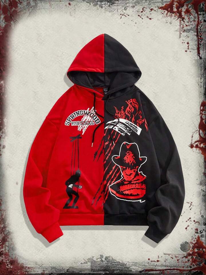 A Nightmare on Elm Street X ROMWE Men's Cartoon Figure Graphic Pullover Hoodie, Fall