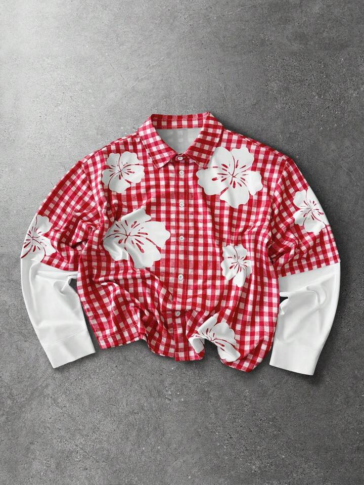 Men's Plaid & Floral Print Button-Front Casual Long Sleeve Shirt