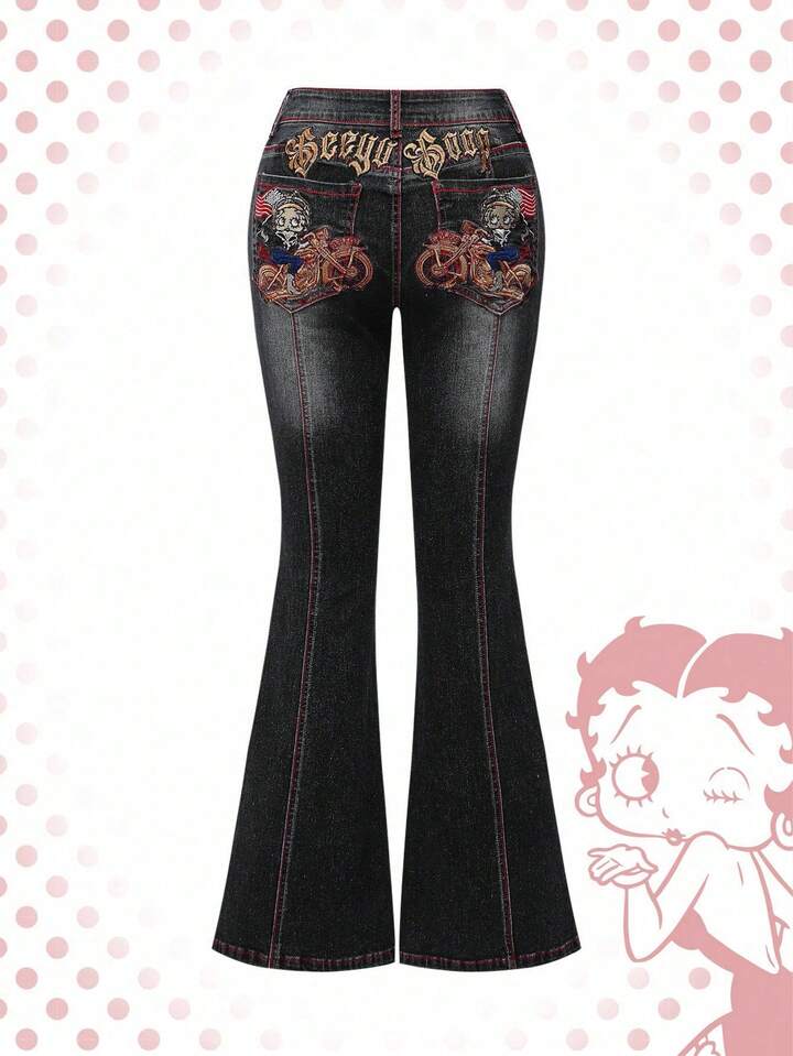 Betty Boop | ROMWE Y2K Babe Cartoon Figure & Motorcycle Embroidery Flare Jeans