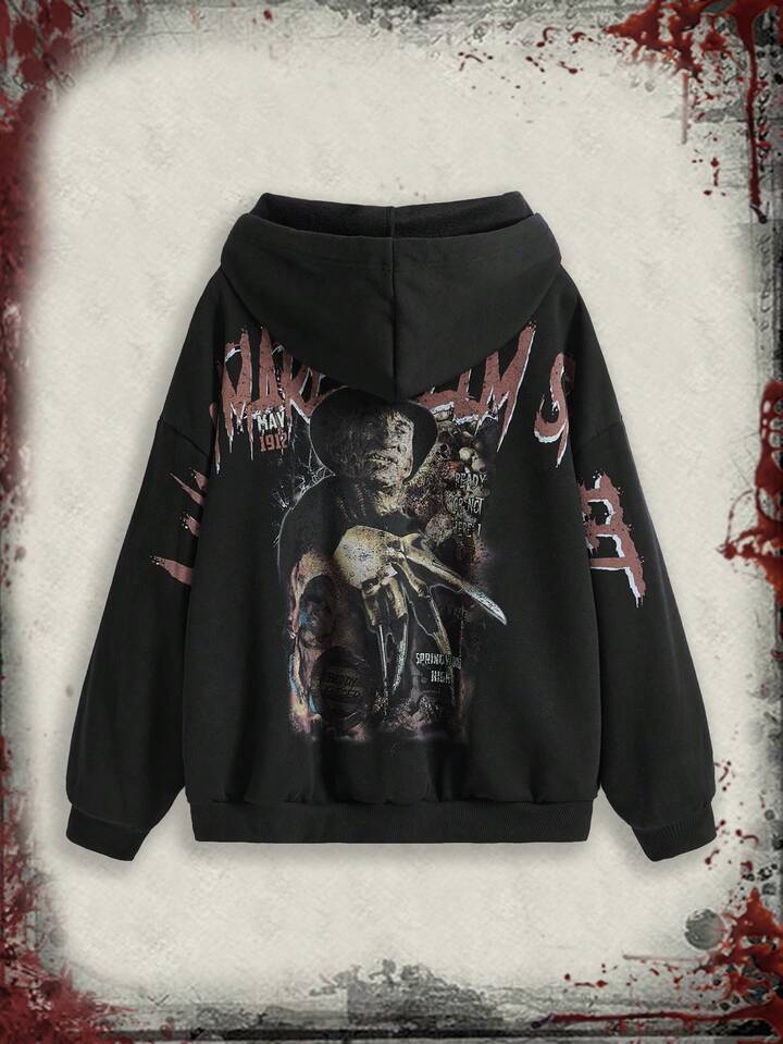 A Nightmare on Elm Street X ROMWE Halloween Horror Print Loose Zip-Up Hooded Sweatshirt