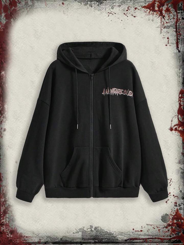 A Nightmare on Elm Street X ROMWE Halloween Horror Print Loose Zip-Up Hooded Sweatshirt