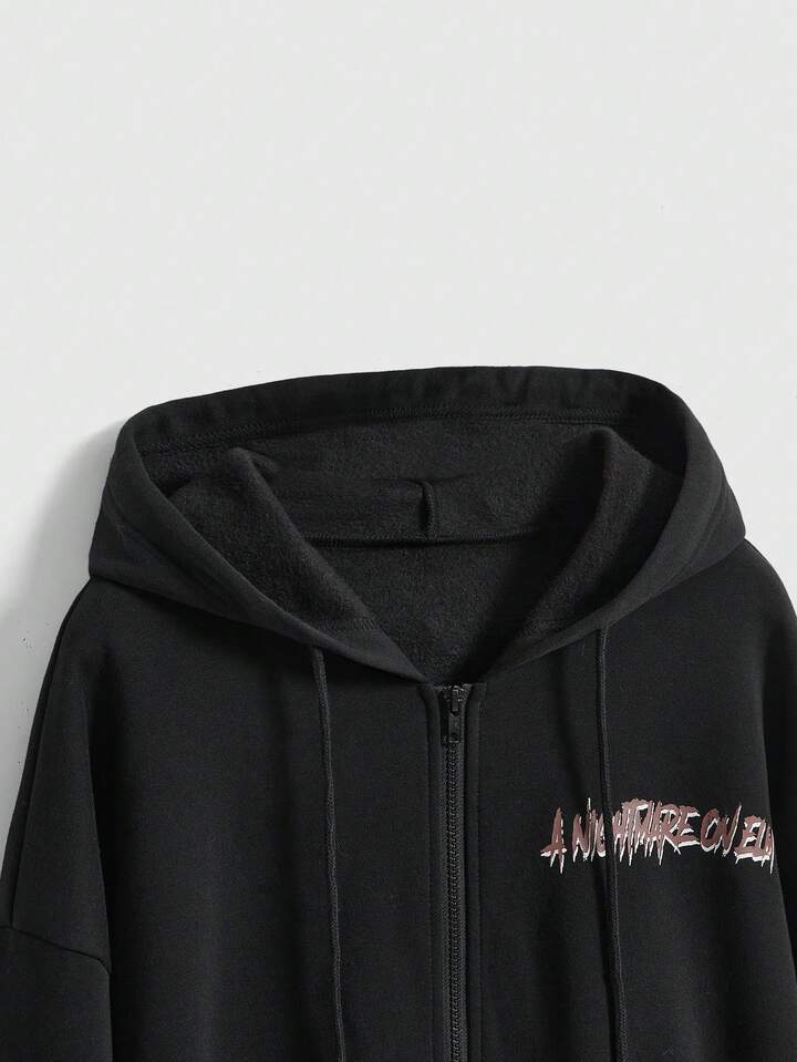 A Nightmare on Elm Street X ROMWE Halloween Horror Print Loose Zip-Up Hooded Sweatshirt