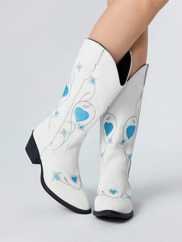 Women's Dark Rock Punk Goth Boots, White Heart Embroidered V-Cut Butterfly Western Knee High Boots, Thick Heels Mid-Calf Boots For Ladies