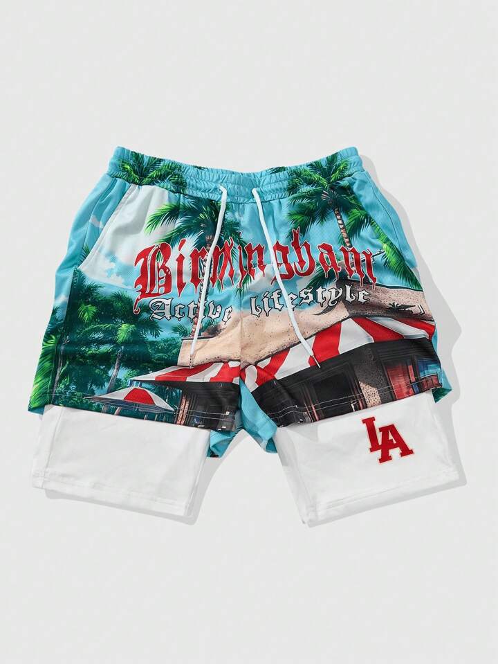 Casual Men's Tropical Floral Print 2 In 1 Sporty Shorts, Suitable For Everyday Wear, Spring/Summer Vacation