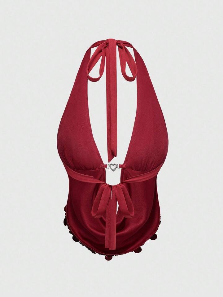 ROMWE Avant Y2K Sexy Draped Neck Beaded Backless Camisole For Women, Retro Vacation Island Style